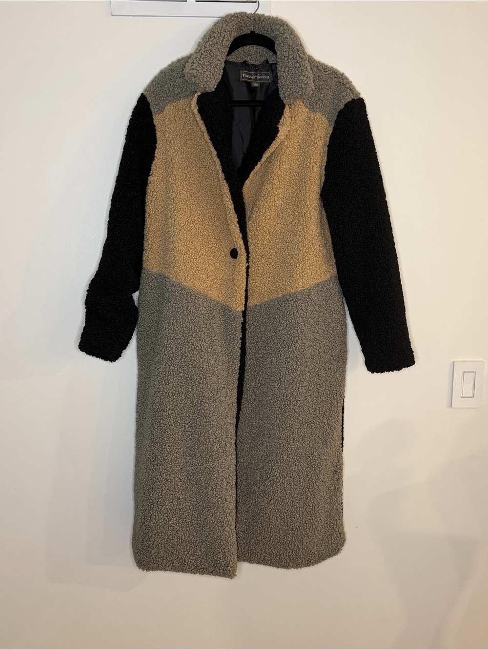 Teddy Colorblock Long Coat in Black, Gray & Tan